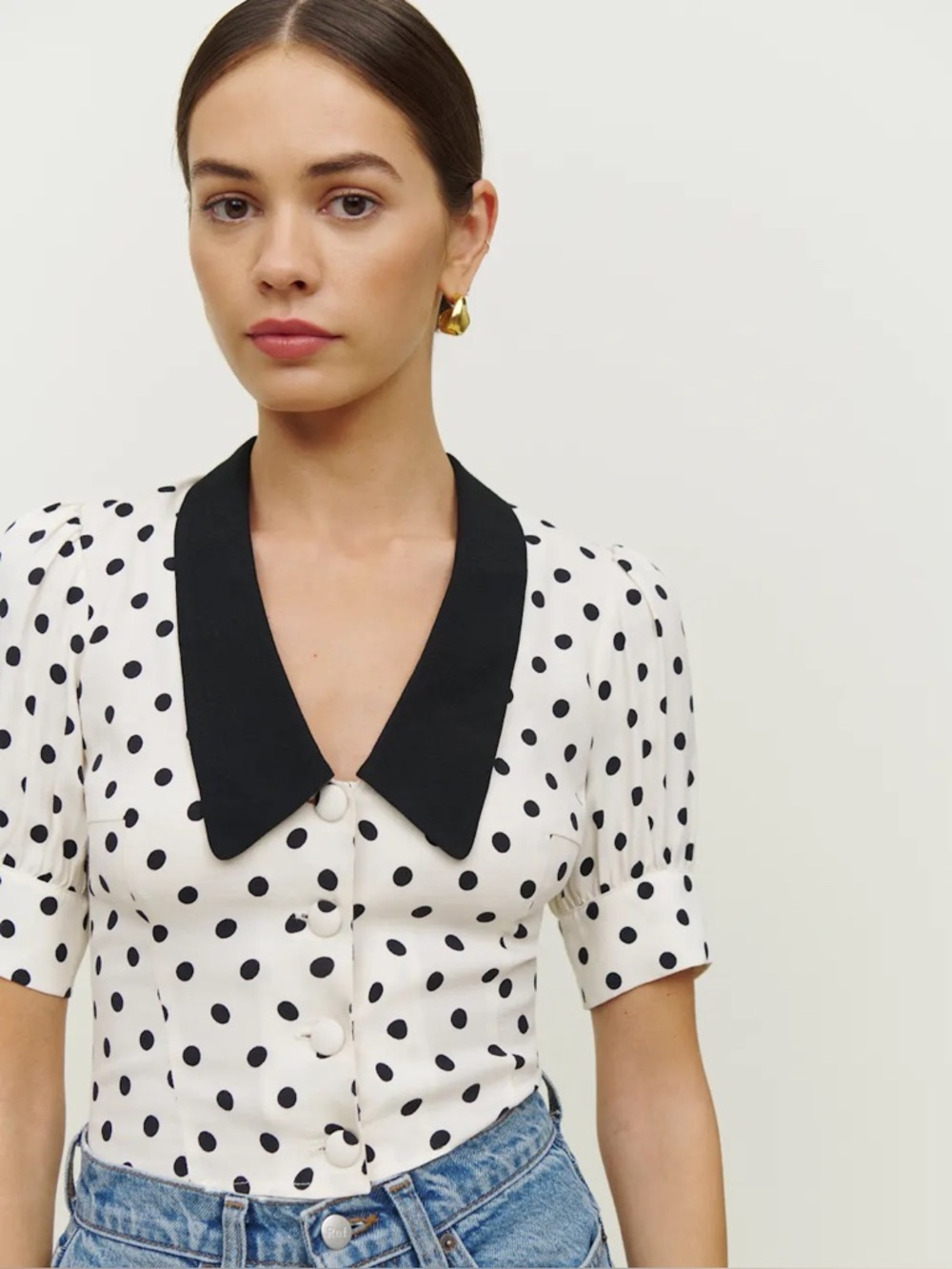 Reformation Black and Cream Polka Dot Blouse - imperfection/pull on sleeve